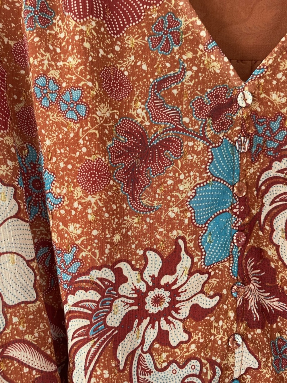 Joie Rust Multi Floral V-Neck Smocked Hem Blouse - Picture 4 of 5